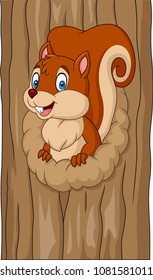 Cartoon squirrel in the tree hole