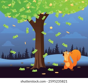 Cartoon Squirrel Under Money Tree with Dollar Bills