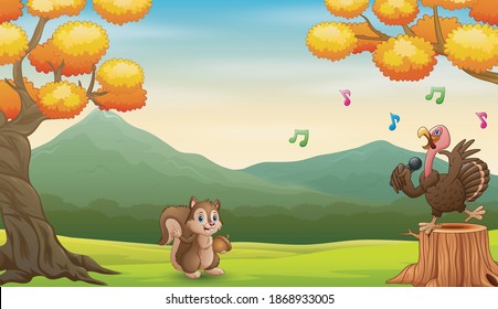 Cartoon squirrel watching a turkey singing on a stump