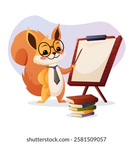 A cartoon squirrel wearing glasses and a tie points at a blank board with a stack of books nearby. Vector illustration on the education theme.  
