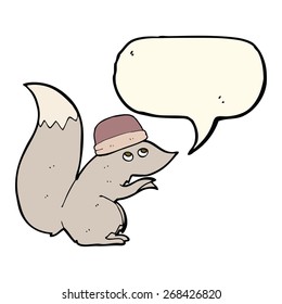 cartoon squirrel wearing hat with speech bubble