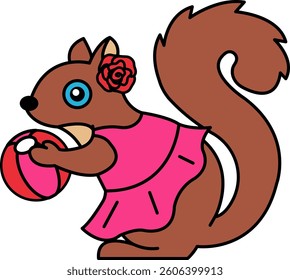 A cartoon squirrel wearing a pink dress holding a red ball. The squirrel is holding the ball in its mouth