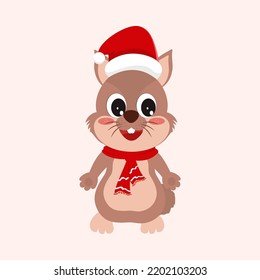 Cartoon Squirrel Wearing Sant Hat And Scarf On Pastel Pink Background.