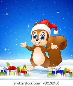 Cartoon squirrel wearing santa hat in the winter background with balls