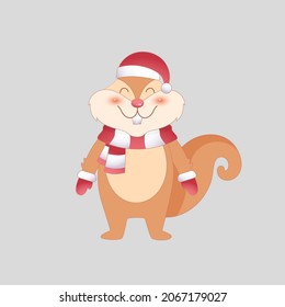 Cartoon Squirrel Wearing Woolen Clothes On Gray Background.
