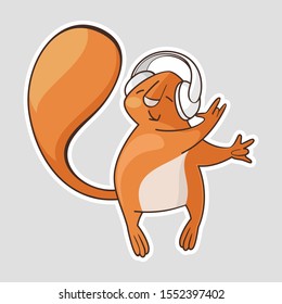 Cartoon squirrel in white headphones on his head, listens to music and dances. Vector sticker 