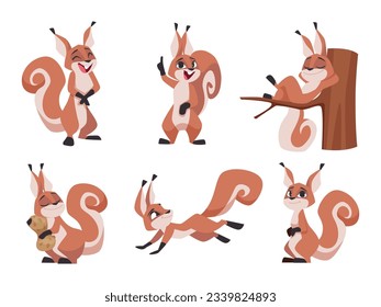 Cartoon squirrel. Wild fur animal in forest exact vector squirrel in action poses