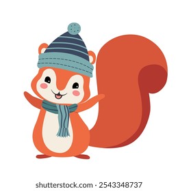 Cartoon squirrel in winter clothes. Illustration with hand drawn doodle squirrel. Thickly clothed pet. 