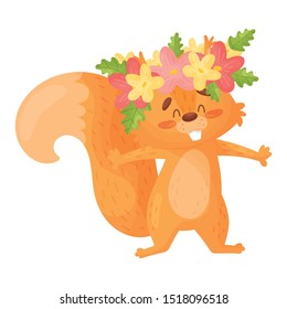 Cartoon Squirrel In A Wreath Of Flowers. Vector Illustration.