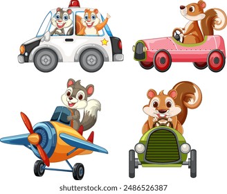 Cartoon squirrels in cars, plane, and police car