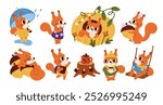 Cartoon squirrels. Cute furry animals. Red forest dwellers climbing trees. Wildlife characters drink hot tea. Different poses. Autumn season. Mammal with rain umbrella