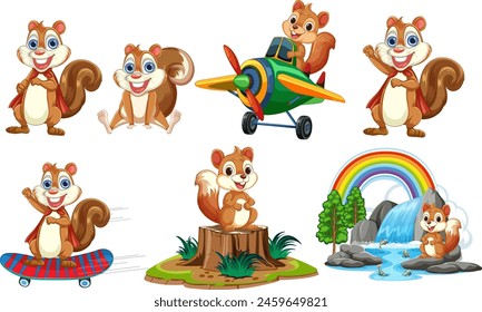 Cartoon squirrels engaging in playful, diverse activities