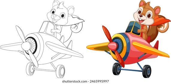 Cartoon squirrels flying planes, one colored, one line art