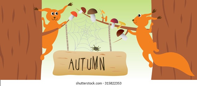 Cartoon squirrels with mushrooms in autumn forest. Vector illustration.