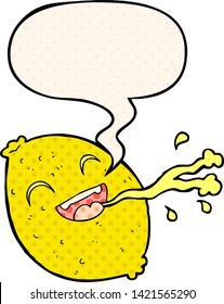 cartoon squirting lemon with speech bubble in comic book style