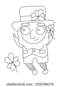 Cartoon St. Patrick character with shamrocks coloring page stock vector illustration. Happy Patrick Day vertical activity page for kids. Cute character for spring irish festival. One of a series 