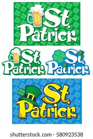 Cartoon St Patrick Day elements set with traditional stickers cards in green and blue colors isolated vector illustration