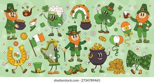 Cartoon St Patrick Day groovy leprechaun, gold, clover and horseshoe characters, vector irish holiday. Vintage lucky shamrock, green beer and hat. Groovy Patricks Day leprechaun, gold pot and rainbow