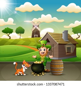 Cartoon St Patrick day leprechauns celebrate with a pet