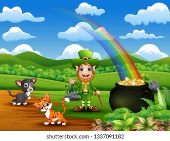 Cartoon St Patrick day leprechauns celebrate with a pet