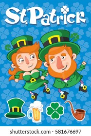 Cartoon St Patrick Day poster with dancing leprechauns and traditional symbols on blue clover background vector illustration