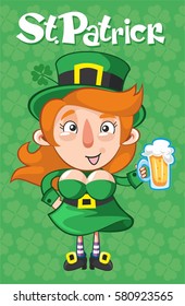 Cartoon St Patrick Day template with female leprechaun holding mug of beer on green clover background vector illustration