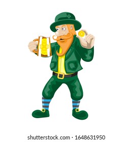 Cartoon St Patrick s Day, Leprechaun with mug beer a coin on a white isolated background. Vector image eps 10