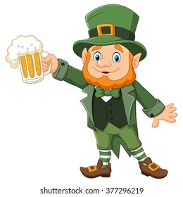 Cartoon St Patrick's Day, Leprechaun with mug beer