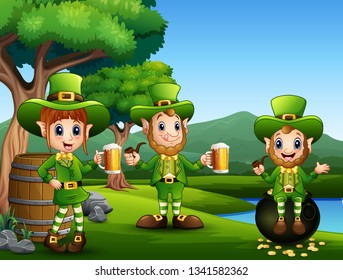 Cartoon St Patricks Day Leprechauns with mug beer