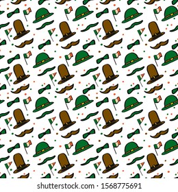 Cartoon St Patrick's Day seamless pattern isolated on white background with hats, mustache, ireland flag, male butterfly.Vector stock illustration.Beautiful background for man.Design print on wallpaper.
