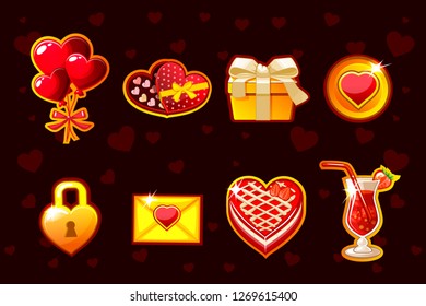 Cartoon St. Valentine lucky roulette, spinning fortune wheel. Holiday icons. Game assets, GUI active