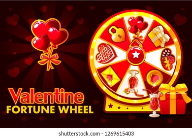 Cartoon St. Valentine lucky roulette, spinning fortune wheel. Holiday icons, vector illustration. Game assets, GUI active