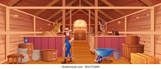 Caricatura estable con caballos y mujer. Interior de granero o de campo para animales. Casa de granja en el interior. Hogar de madera con puestos, equinos, arrozales, granizadores y granjas.