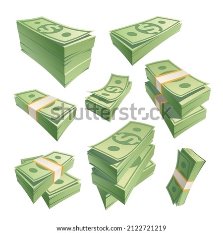 Cartoon stack banknotes. Stacks cash green money, dollar bills, stacking dollar banknote, pile cashs paper currency, heap 100 payment note pack, isolated recent vector illustration. Money cash cartoon
