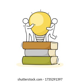 Caricatura apilando libros con idea de lámpara. Doodle linda escena en miniatura sobre literatura y creatividad. Ilustración vectorial dibujada a mano para el diseño educativo.