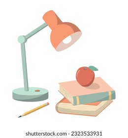 Cartoon stack books on table with lamp and pencil, vector illustration. Isolated on white background. Concept of reading for exams, homework, learning, and education