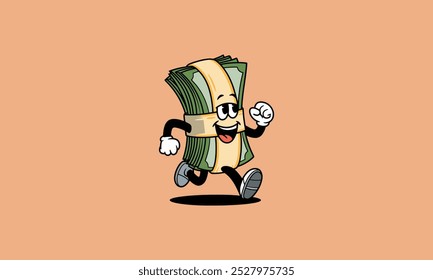 Cartoon stack of money running with a happy expression