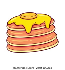 Cartoon stack of pancakes with melting butter and syrup