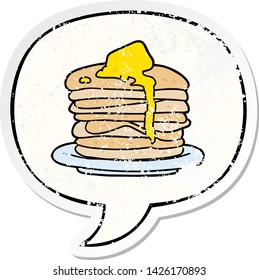 cartoon stack of pancakes with speech bubble distressed distressed old sticker