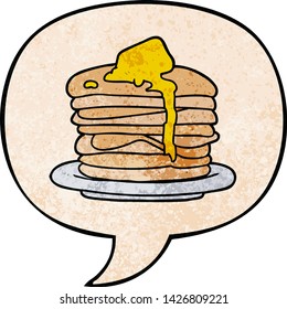 cartoon stack of pancakes with speech bubble in retro texture style