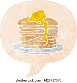 cartoon stack of pancakes with speech bubble in grunge distressed retro textured style