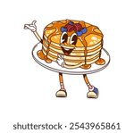 Cartoon stack of pancakes with syrup and berries groovy fast food character happily waving, adding a playful, sweet vibe to breakfast. Isolated vector charming and delightful retro pastry personage