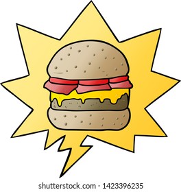 hamburguesa apilada de dibujos animados con burbuja de habla en un estilo de gradiente suave