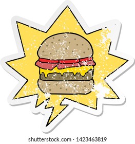 Cartoon Stacked Burger With Speech Bubble Distressed Distressed Old Sticker