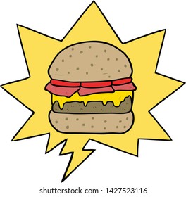 caricatura apilada de hamburguesa con burbuja de habla