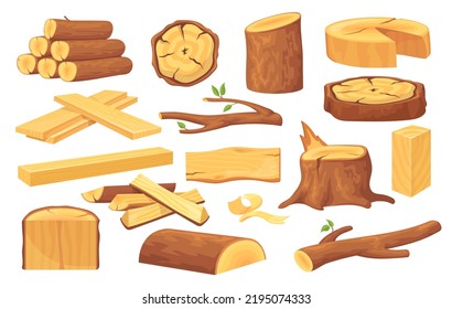 Cartoon stacked trunks. Wooden trunk cutting tree timbers materials, cut wood log lumber piece logging trees stump board hardwood construction material set neat vector illustration of trunk lumber