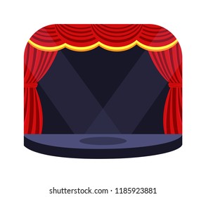 Cartoon stage with red and gold curtains and light shining vector illustration