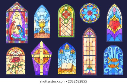 Cartoon stained glass. Beautiful stain church windows frames christian or catholic religious, coloring mosaic window with christmas cathedral temple vector illustration of old christian cathedrals