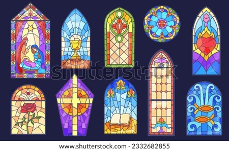 Cartoon stained glass. Beautiful stain church windows frames christian or catholic religious, coloring mosaic window with christmas cathedral temple vector illustration of old christian cathedrals