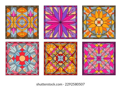 Cartoon stained glass pattern. Mosaic tile church windows, geometry and floral design flat vector background illustration set. Decorative abstract mosaic